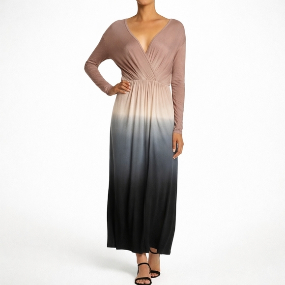 Anthropologie Fraiche by J Ombre Maxi Dress L Tan Black Plunge Boho Long Sleeve - Picture 14 of 14